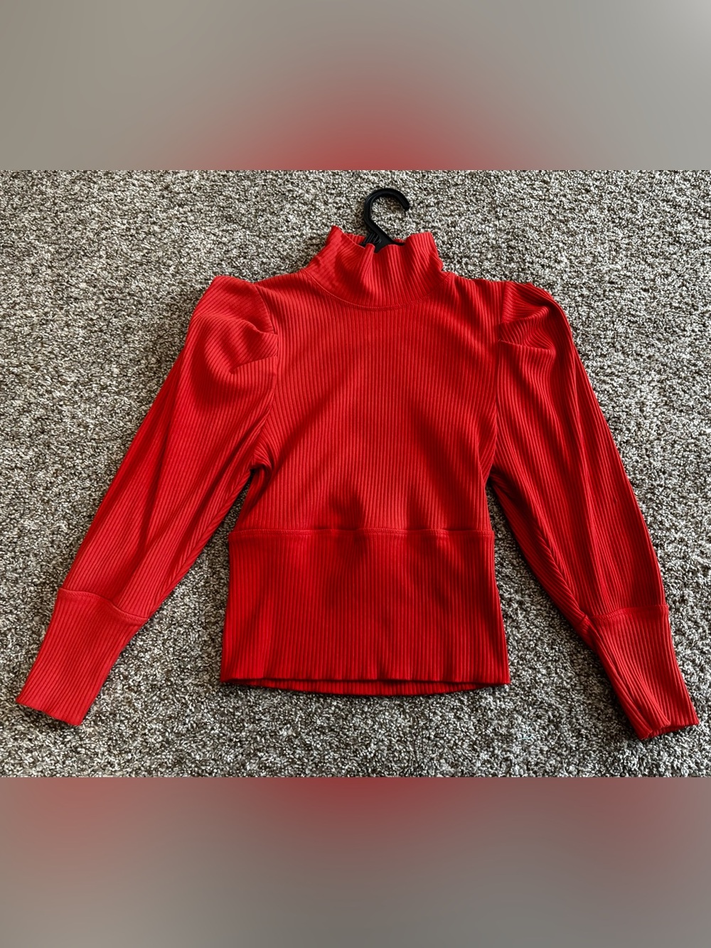 Free people Red Orange Ribbed Mock Neck puff shoulder Top slim fit